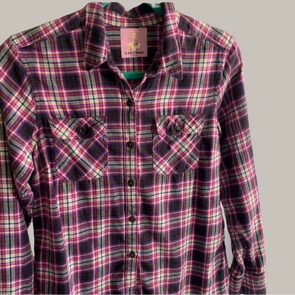 Upcycled Purple Flannel Button Down with Homemade Floral Appliquép on Back - Picture 8 of 10